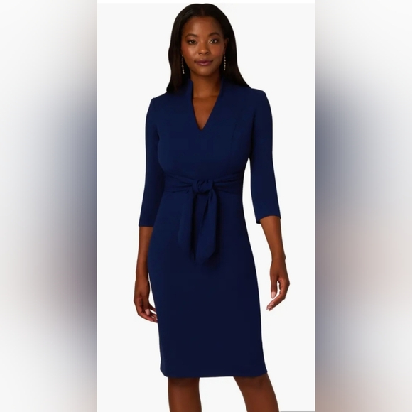 Adrianna Papell Dresses & Skirts - Adrianna Papell Navy, Tie-Waist 3/4 Sleeve, Midi, Sheath Dress Size 14